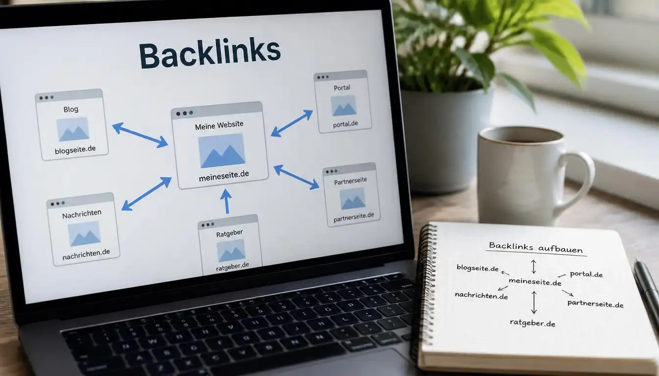 Backlinks aufbauen 2026 — Laptop mit Backlink-Struktur und Verbindungspfeilen zwischen Webseiten