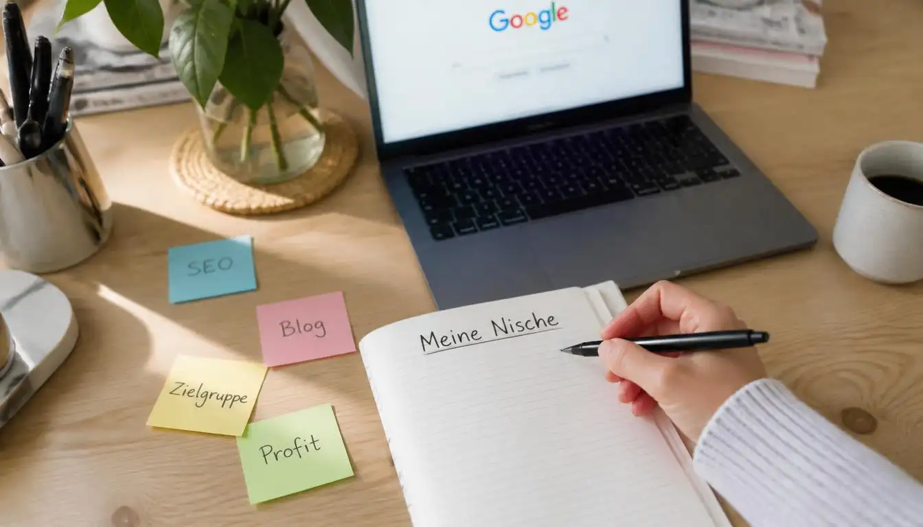 Nische finden 2026 — Notizbuch mit Nischen-Ideen, Post-its und Laptop