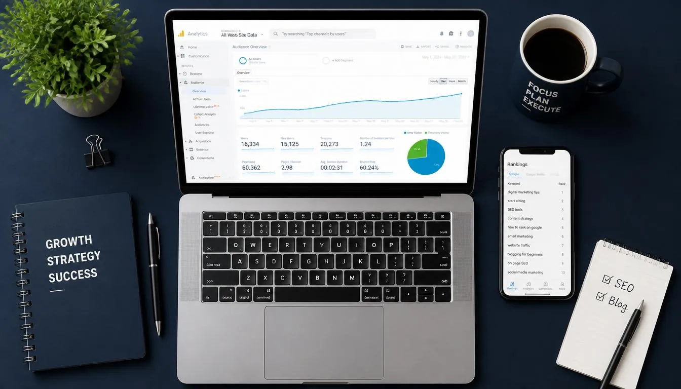 Online Business starten 2026 — Laptop mit Analytics Dashboard, SEO Rankings und Blog-Notizen